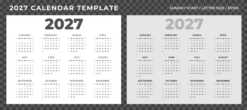 Minimalist 2027 yearly calendar template, week Sunday start, Set of 2 horizontal pages planner