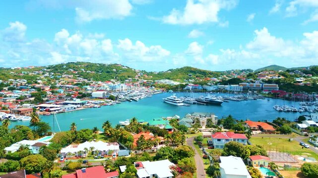 SAINT LUCIA RODNEY BAY FROM ABOVE YACHTS DOCKED HOMES 4K