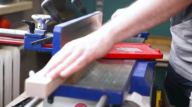 Carpenter operate electric jointer Planer remove excess wood with. Wood shaping, precision cut, workshop tool, material trim, professional skill, surface smoothing