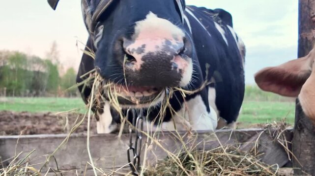 Slow motion close-up of a domestic cow chewing fresh green hay on a small family farm. Detailed livestock footage with visible mouth, tongue, teeth, and natural feeding behavior. Authentic countryside