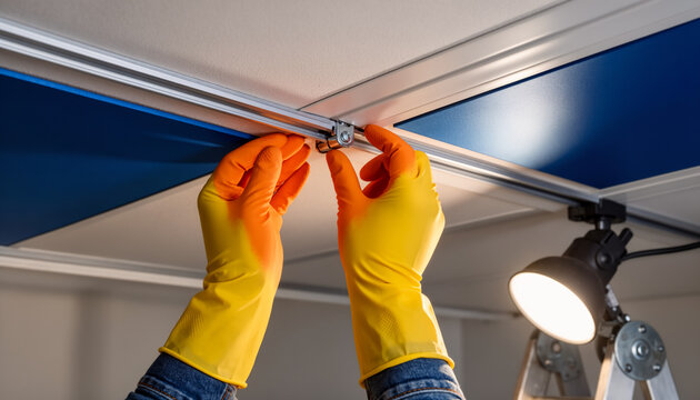 Close up of worker hands wearing yellow protective gloves carefully assembling a modern suspended drop ceiling system by installing blue panels into a metal grid framework