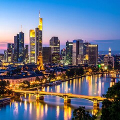Obraz premium Illuminated Modern City Skyline Reflecting on Calm River at Blue Hour