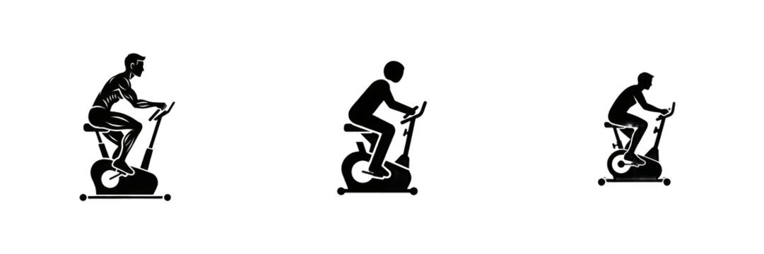 Set of three realistic silhouette icons of people riding stationary exercise bikes isolated on transparent background, detailed 3D rendered fitness and gym training elements for health, wellness, and 