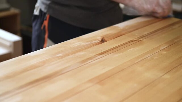 Hand applying wood protection oil on boards with rags. Hand applying wood protection piece in gold color with rags, indor. Impregnation of wood and coating with oil