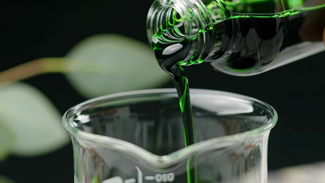 Slow-motion video: viscous emerald botanical elixir poured from dropper into beaker. Soft forest green background, blurred eucalyptus. Concept of natural luxury