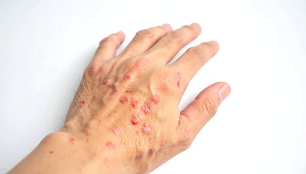 Irritated Human Hand with Red Rash and Blisters on White Background