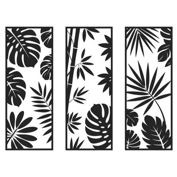 Three black and white panels feature tropical leaves in a bold, graphic style. Each panel displays different arrangements of leaves creating a cohesive design.