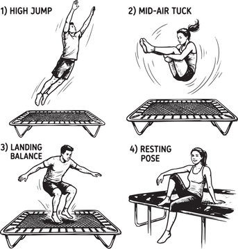 Trampoline exercises, fitness illustrations, high jump, mid-air tuck, landing balance, resting pose