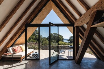 Fototapeta premium A-frame attic sitting area open to sunny summer patio in the forest