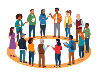 Obraz premium Diverse group of people standing in a circle discussing ideas together
