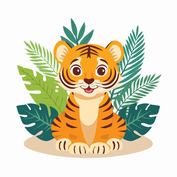 Cute Cartoon Tiger Cub Sitting Among Tropical Leaves