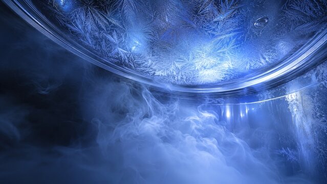 Liquid nitrogen cryopreservation pod interior &mdash; frost crystal formations on curved stainless steel, vapor billowing, longevity science futuristic concept art