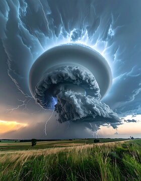 Massive Rotating Supercell Thunderstorm Forming Over Rural Grassland Plain