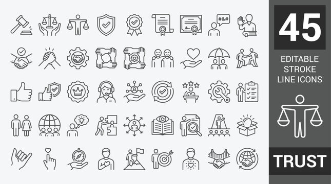 Trust icon set. Containing confidence, credibility, promise, trustworthiness, friends, truth, faith, sincerity, and honesty. Editable line icons. Vector illustration.