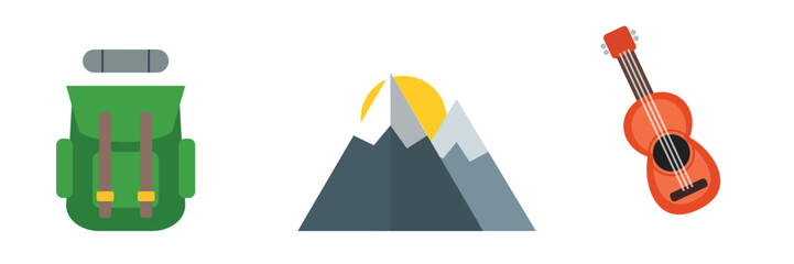 Outdoor adventure and travel vector icons  a green hiking backpack, majestic mountains with a rising sun, and a vibrant orange acoustic guitar, perfect for nature, music, and exploration themes. © Aina