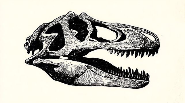 Intricate detailed illustration of an ancient dinosaur skull featuring sharp teeth and bony structure, capturing a powerful and prehistoric essence