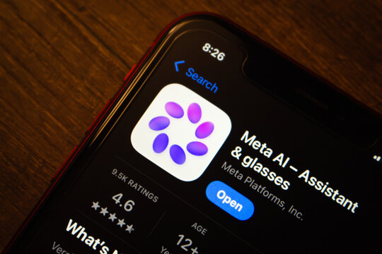 Mexico City, MEXICO - May 18 2026 : Meta AI assistant app in the App Store with rating and open button.