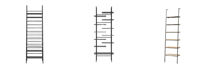 Wooden ladder shelf set with realistic black metal frame lean bookshelves isolated on transparent background, modern minimalist home furniture rack clipart png cutout for interior decoration design st © Ganesha
