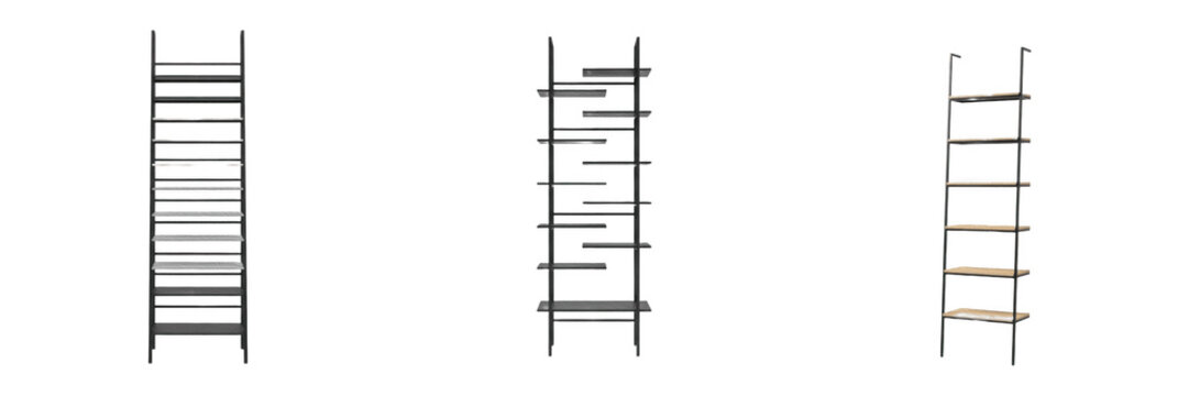 Wooden ladder shelf set with realistic black metal frame lean bookshelves isolated on transparent background, modern minimalist home furniture rack clipart png cutout for interior decoration design st