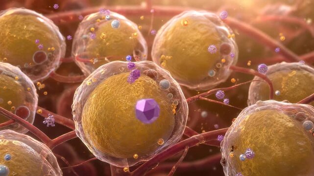 Dynamic visualization of GLP-1 peptide molecules regulating appetite and metabolism within the bloodstream, showing complex cellular interactions for therapeutic insights