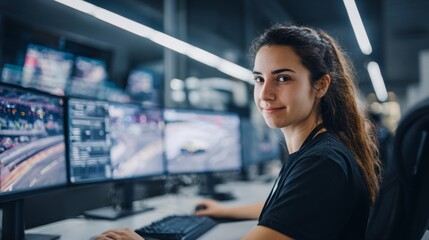 Fototapeta premium Young Hispanic engineer working at a computer station with multiple screens during daytime