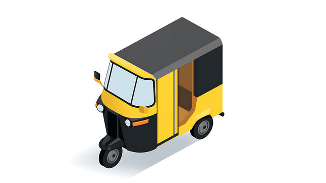 Isometric view of a yellow and black three-wheeled vehicle icon. An auto-rickshaw isolated on a white background, transportation illustration