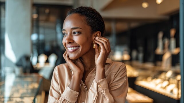 Young woman tries on earrings in a jewelry store while smiling and enjoying the moment