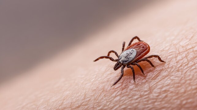 Macro view of tick on human skin showing details of tick and skin texture