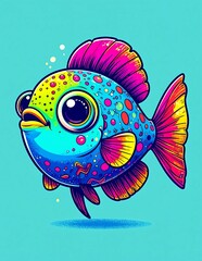 Colorful Cartoon Fish Floating on Bright Turquoise Background