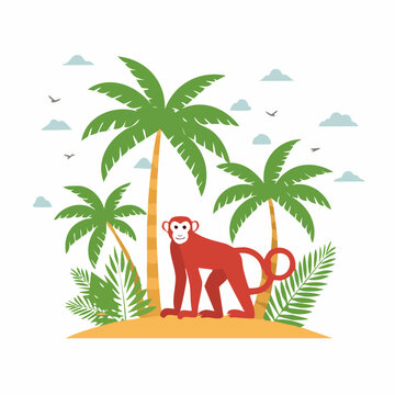 Red Monkey on Tropical Island with Palm Trees