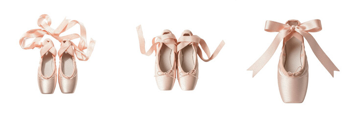 Set of Beautiful Pink Satin Ballet Pointe Shoes, Professional Dance Footwear for Ballerina Performance, Isolated Transparent PNG Files, Elegant Classical Dancing Slippers with Ribbons for Stage Produc © Ganesha