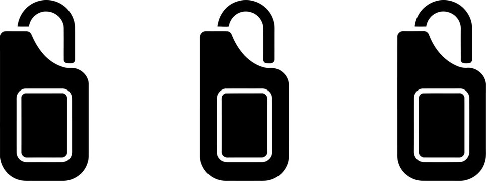 Collection of three identical black door hanger tags with square label area isolated on transparent checkered background vector graphic.
