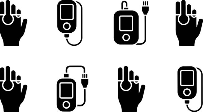 Medical monitoring devices including pulse oximeter finger sensor and portable unit with screen buttons and charging cable vector set.
