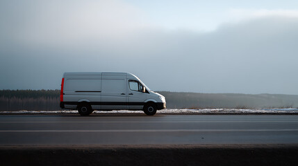 Obraz premium White delivery van on a quiet road, traveling through a winter landscape, under a soft, overcast sky, showcasing modern logistics and transportation