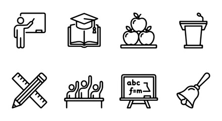 Set of education and school icons, including teacher, graduation cap, apples, podium, stationery, students, blackboard and bell © Suriya