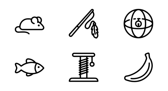 Set of cat toys icons, including mouse, feather wand, ball, fish, scratching post and catnip banana