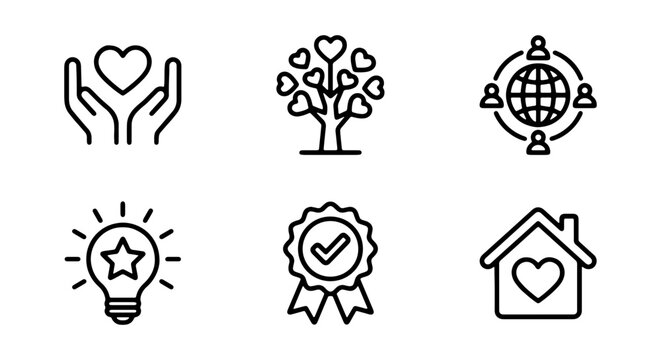 Set of thin line icons representing charity, community, innovation, quality assurance, and home care concepts