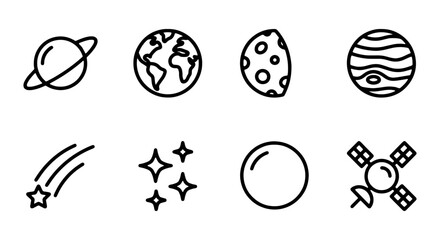 Set of space and astronomy icons including planets, stars, comet, and satellite © Suriya