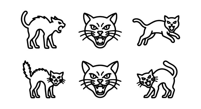 Set of angry cat icons, aggressive feline silhouettes with arched backs and hissing expressions