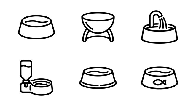 Set of pet bowl icons, including water bowls, feeding dishes, and automatic dispensers for cats and dogs