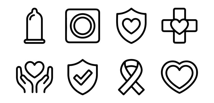 Set of sexual health and protection icons, including condom, birth control, heart shield, medical cross, care, checkmark, awareness ribbon and heart shape