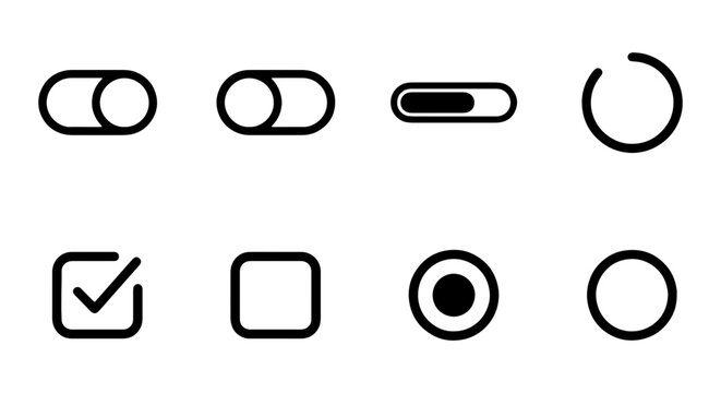 Minimalist ui control icons set including toggle switches, checkbox, radio button, progress bar, and loading spinner