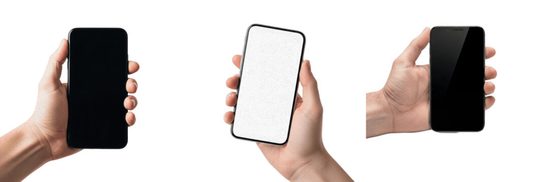 Set of Three Hands Holding Modern Smartphones Isolated on White Background, Blank Screens for App Design Mockup, Professional Device Presentation, Handheld Mobile Phone Template for UI/UX Marketing an