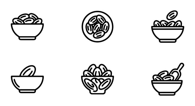 Set of date fruit icons in a bowl, collection of vector line illustrations of dried dates