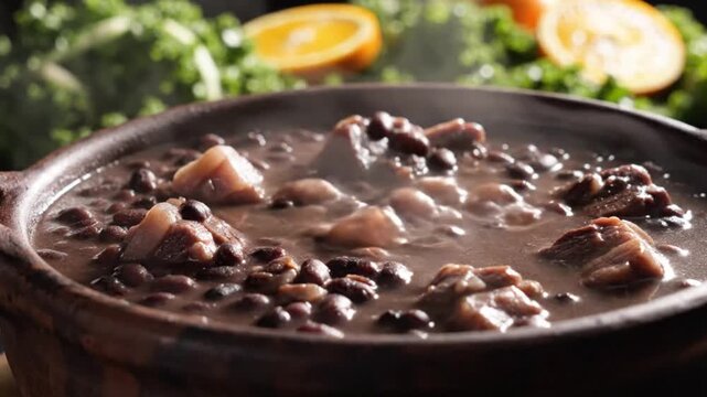 A cinematic close up shot of a boiling traditional Brazilian feijoada black bean stew in a clay pot with steam rising in a loop.