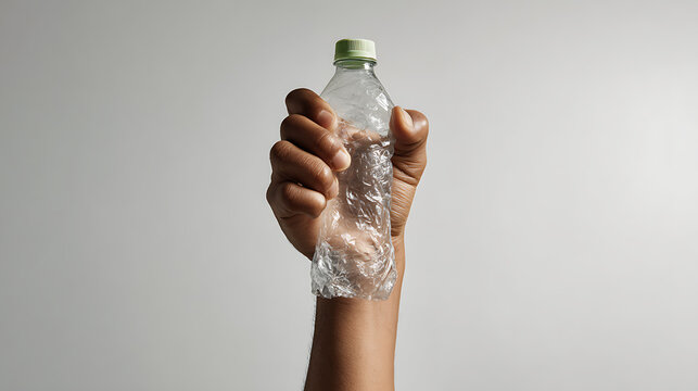 Human hand crush plastic water bottle, emphasize single-use plastic waste, highlight environmental impact, eco-friendly lifestyle, pollution, recycle