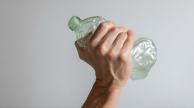 Hand hold empty green plastic bottle squeeze crush trash waste recycle save earth concept light subtle shadow close up studio shot white background