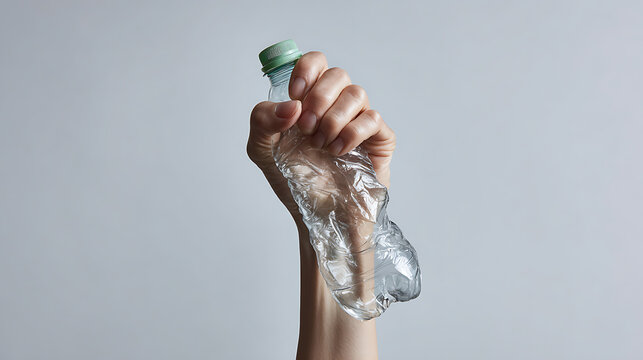 Human hand crush empty clear plastic bottle with green cap, symbolizing environmental concern, waste reduction, and eco-friendly choices