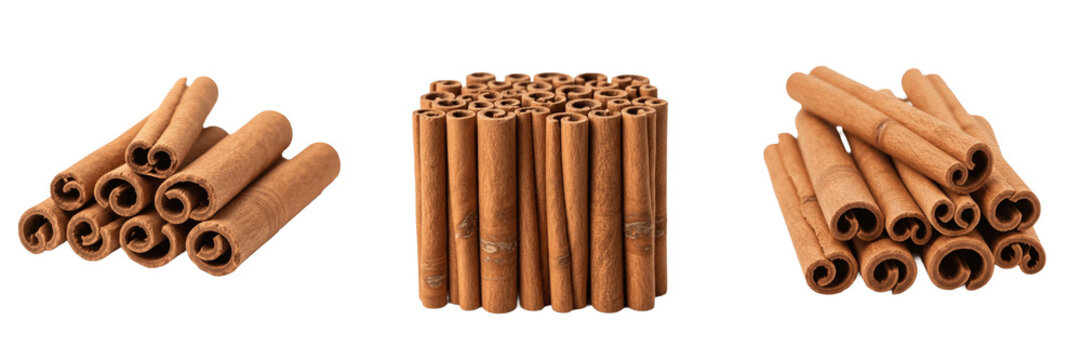 Set of Three Piles of Aromatic Cinnamon Sticks Isolated on White Background, Dried Brown Bark Quills for Culinary Use, Baking Ingredients, Holiday Spices, and Fragrant Home Decor, High Quality Food Ph