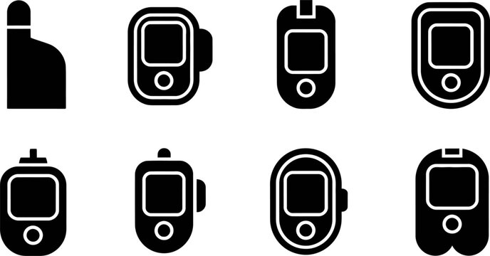 Digital blood glucose meter icon collection for diabetes management and glucose monitoring featuring various electronic medical devices for healthcare tracking needs.
